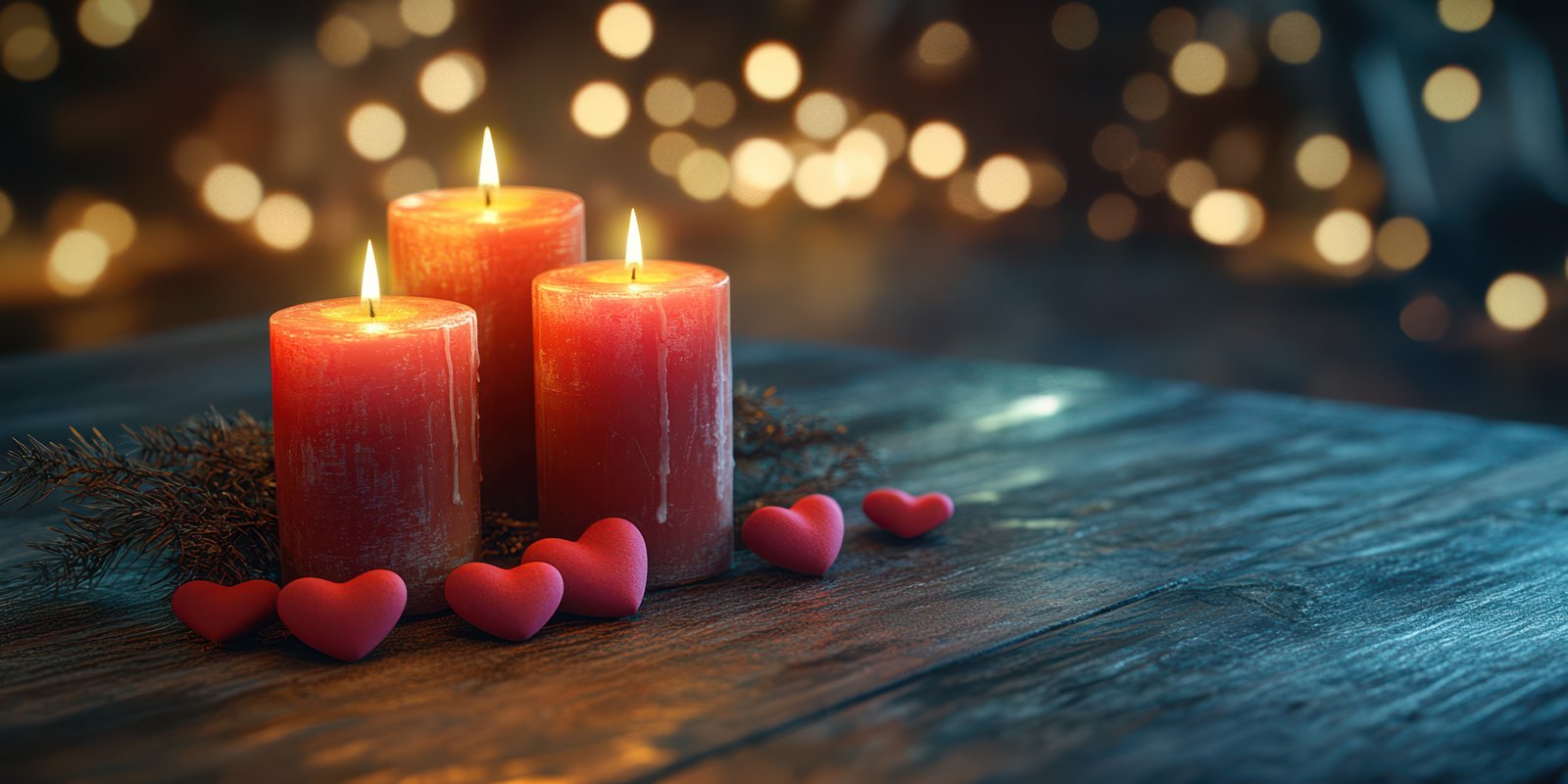 Candles glow warmly surrounded by hearts on a rustic wooden table with soft lighting